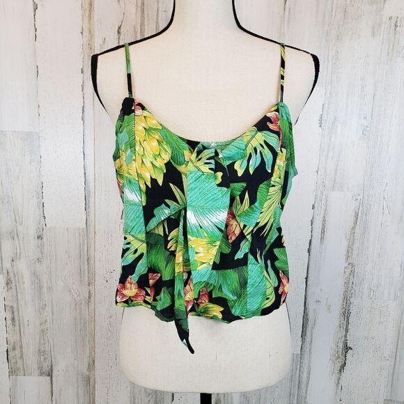 Nicole Miller Tropical Tie Front Crop Top Sz L - Picture 1 of 8